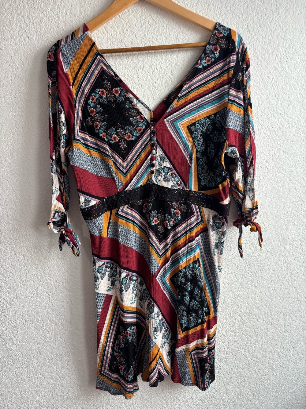 Shyanne Boho Print V Neck Dress Burgundy Western Rodeo Lace Womens Size XL